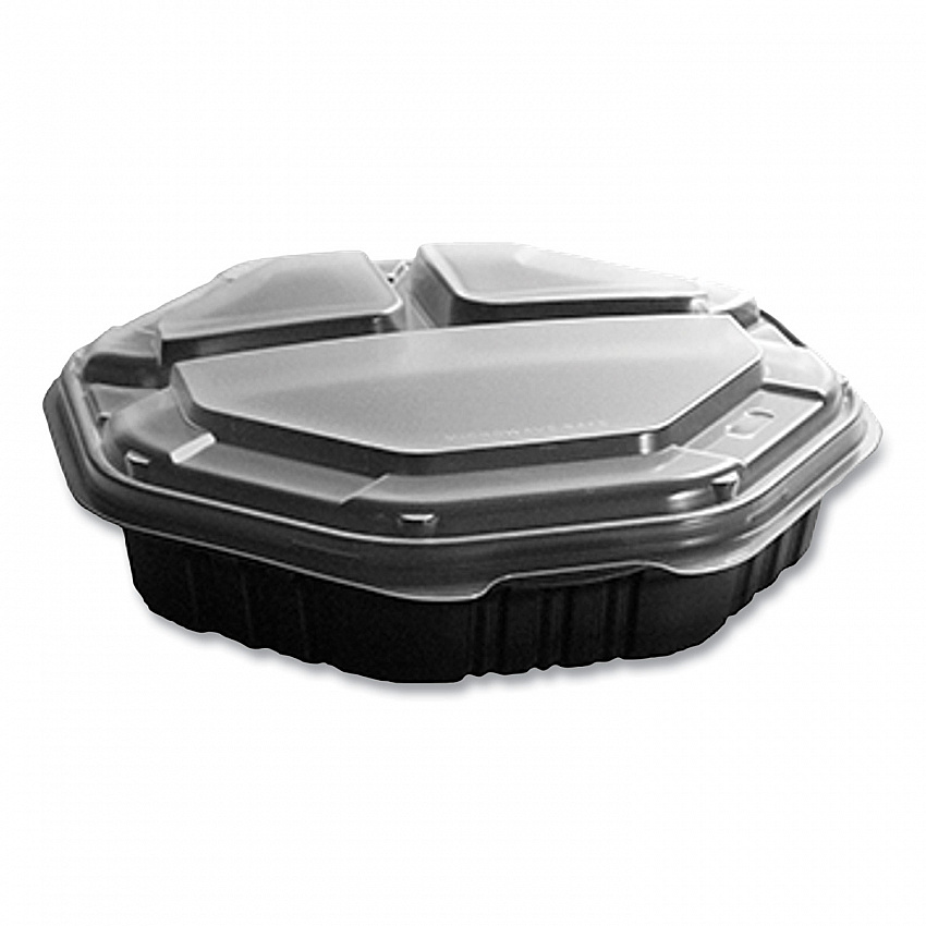 OctaView Hinged-Lid Hot Food Containers, 3 Compartments, 38 oz, 9.55 x 9.1 x 2.4, Black/Clear, Plastic, 100/Carton (809014PP94)