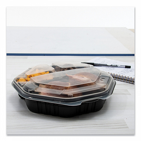 OctaView Hinged-Lid Hot Food Containers, 3 Compartments, 38 oz, 9.55 x 9.1 x 2.4, Black/Clear, Plastic, 100/Carton (809014PP94)