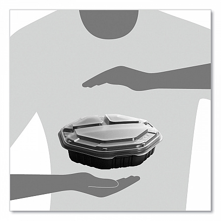 OctaView Hinged-Lid Hot Food Containers, 3 Compartments, 38 oz, 9.55 x 9.1 x 2.4, Black/Clear, Plastic, 100/Carton (809014PP94)