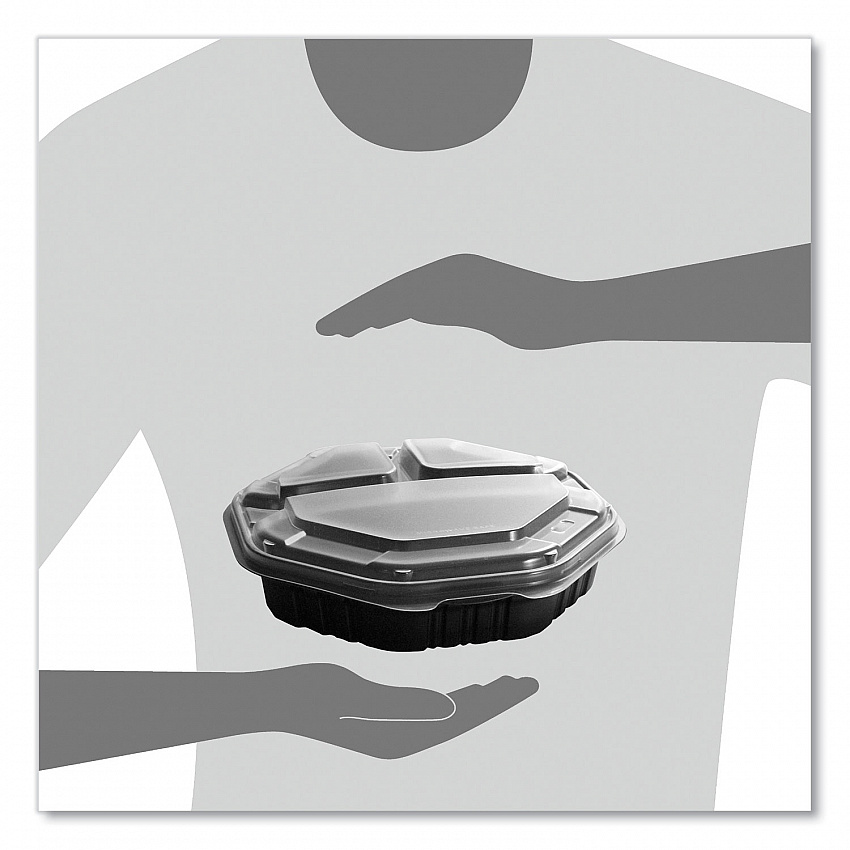 OctaView Hinged-Lid Hot Food Containers, 3 Compartments, 38 oz, 9.55 x 9.1 x 2.4, Black/Clear, Plastic, 100/Carton (809014PP94)