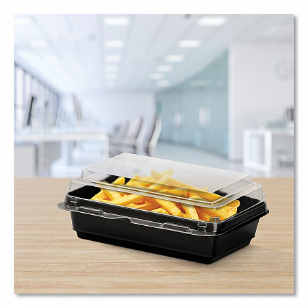 Creative Carryouts Hinged Plastic Hot Deli Boxes, 28 oz, 7.87 x 5.4 x 3, Black/Clear, 200/Carton (846622PS94)