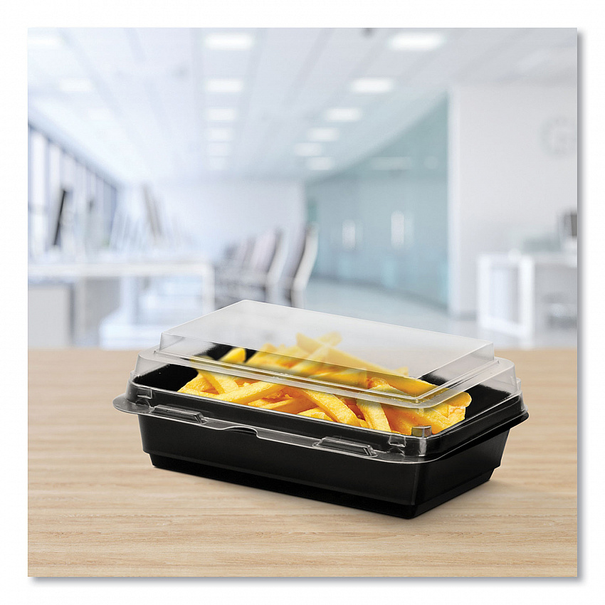 Creative Carryouts Hinged Plastic Hot Deli Boxes, 28 oz, 7.87 x 5.4 x 3, Black/Clear, 200/Carton (846622PS94)