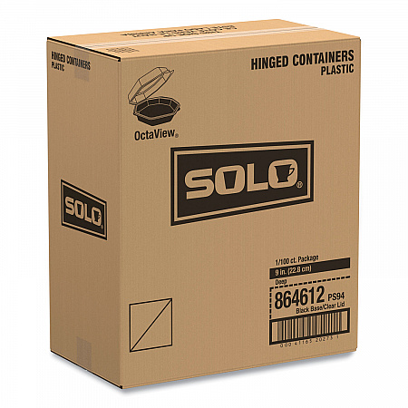 OctaView Hinged-Lid Cold Food Containers, 42 oz, 9.57 x 9.2 x 3.2, Black/Clear, Plastic, 100/Carton (864612PS94)