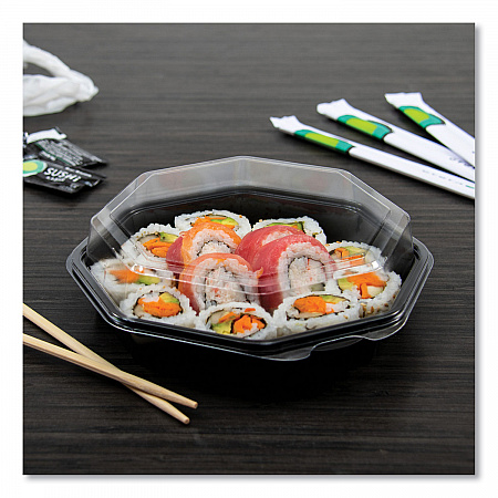 OctaView Hinged-Lid Cold Food Containers, 42 oz, 9.57 x 9.2 x 3.2, Black/Clear, Plastic, 100/Carton (864612PS94)