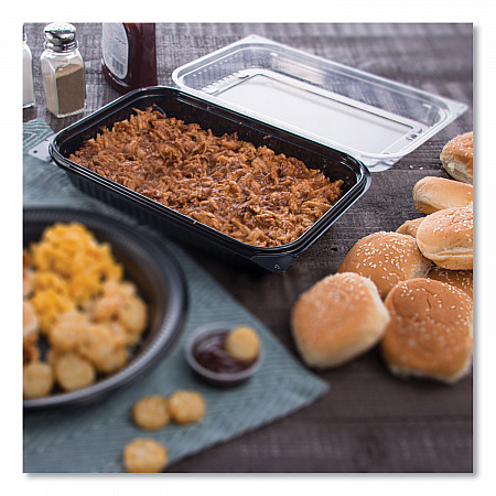 Hinged-Lid Dinner Box, 64 oz, 11.5 x 8.1 x 3, Black/Clear, Plastic, 100/Carton (919017PM94)