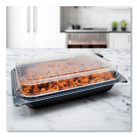 Hinged-Lid Dinner Box, 64 oz, 11.5 x 8.1 x 3, Black/Clear, Plastic, 100/Carton (919017PM94)