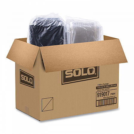 Hinged-Lid Dinner Box, 64 oz, 11.5 x 8.1 x 3, Black/Clear, Plastic, 100/Carton (919017PM94)