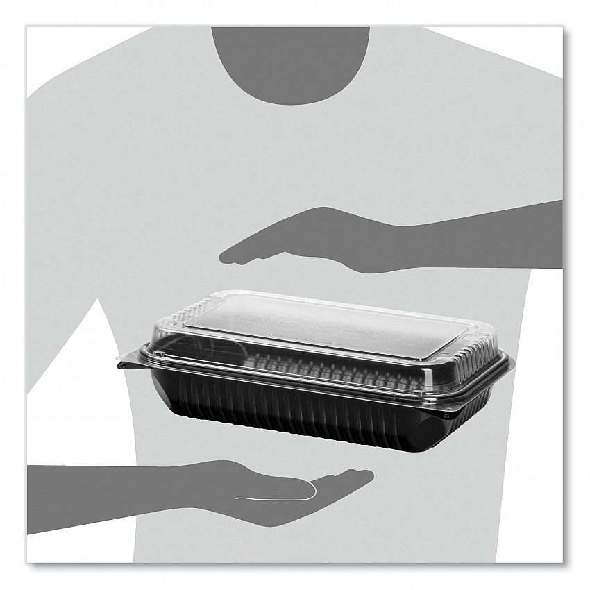Hinged-Lid Dinner Box, 64 oz, 11.5 x 8.1 x 3, Black/Clear, Plastic, 100/Carton (919017PM94)