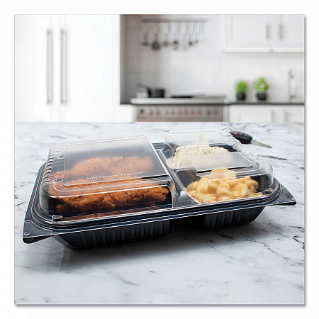 Hinged-Lid Dinner Box, 3 Compartments, 32 oz, 11.5 x 8.1 x 3, Black/Clear, Plastic, 100/Carton (919019PM94)