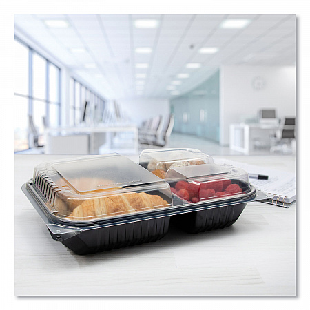 Hinged-Lid Dinner Box, 3 Compartments, 32 oz, 11.5 x 8.1 x 3, Black/Clear, Plastic, 100/Carton (919019PM94)