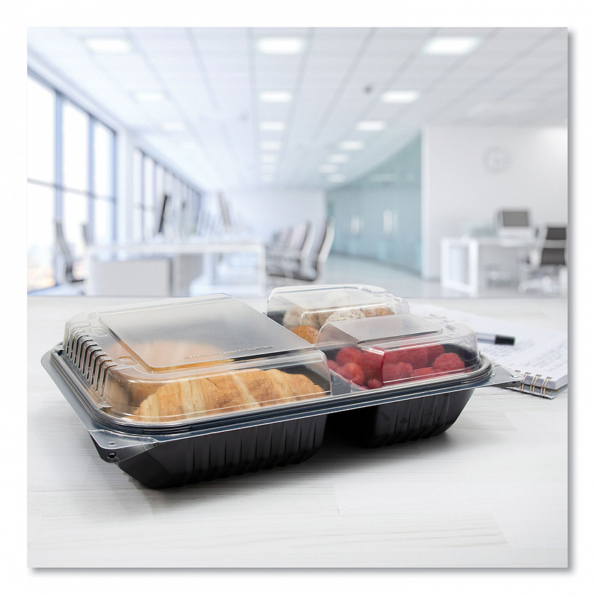 Hinged-Lid Dinner Box, 3 Compartments, 32 oz, 11.5 x 8.1 x 3, Black/Clear, Plastic, 100/Carton (919019PM94)