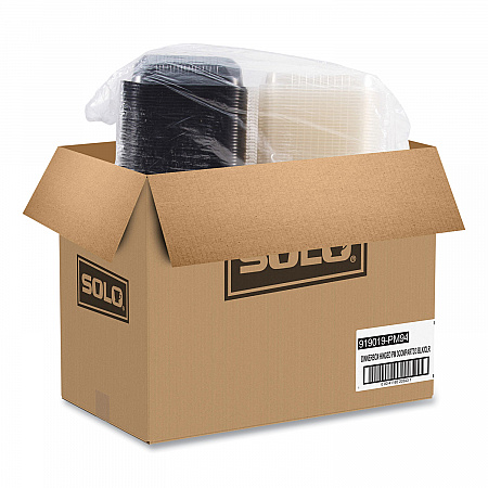 Hinged-Lid Dinner Box, 3 Compartments, 32 oz, 11.5 x 8.1 x 3, Black/Clear, Plastic, 100/Carton (919019PM94)
