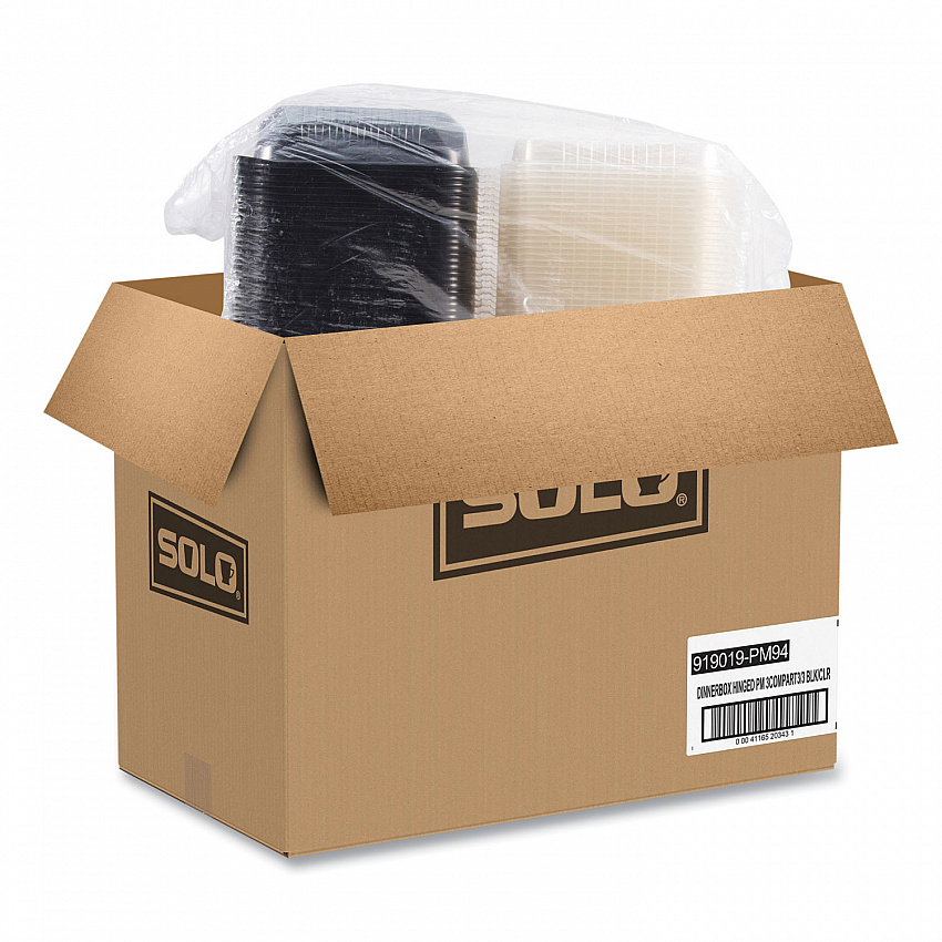 Hinged-Lid Dinner Box, 3 Compartments, 32 oz, 11.5 x 8.1 x 3, Black/Clear, Plastic, 100/Carton (919019PM94)