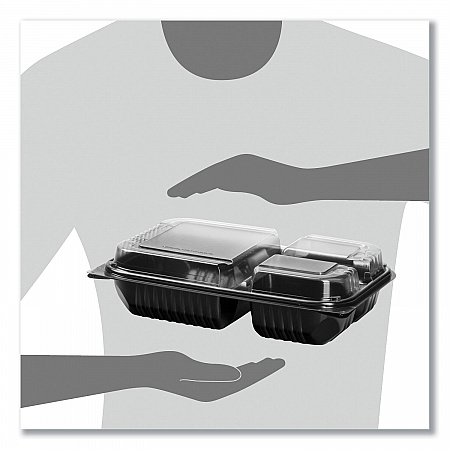 Hinged-Lid Dinner Box, 3 Compartments, 32 oz, 11.5 x 8.1 x 3, Black/Clear, Plastic, 100/Carton (919019PM94)