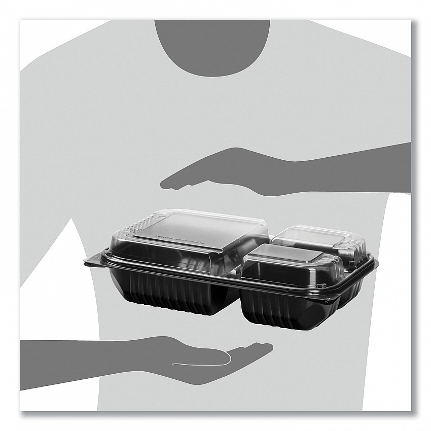 Hinged-Lid Dinner Box, 3 Compartments, 32 oz, 11.5 x 8.1 x 3, Black/Clear, Plastic, 100/Carton (919019PM94)