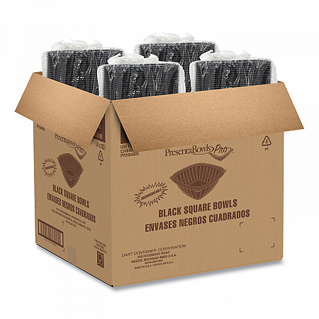 PresentaBowls Pro Black Square Bowls, 64 oz, 8.5 x 8.5 x 3.3, Plastic, 63/Bag, 4 Bags/Carton (B64SB)