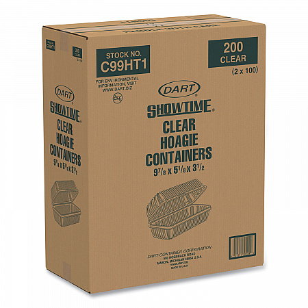 Showtime Clear Hinged Containers, Hoagie Container, 29.9 oz, 5.1 x 9.9 x 3.5, Clear, Plastic, 100/Bag, 2 Bags/Carton (C99HT1)