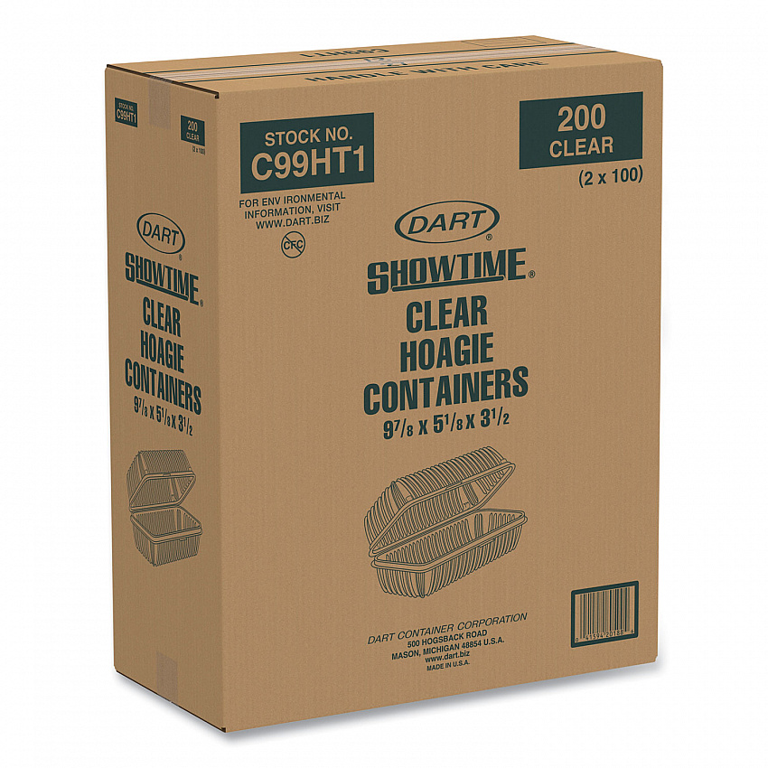 Showtime Clear Hinged Containers, Hoagie Container, 29.9 oz, 5.1 x 9.9 x 3.5, Clear, Plastic, 100/Bag, 2 Bags/Carton (C99HT1)