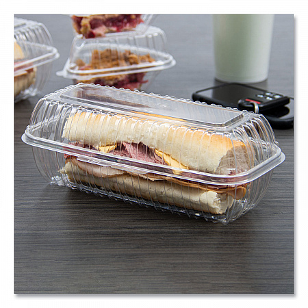 Showtime Clear Hinged Containers, Hoagie Container, 29.9 oz, 5.1 x 9.9 x 3.5, Clear, Plastic, 100/Bag, 2 Bags/Carton (C99HT1)