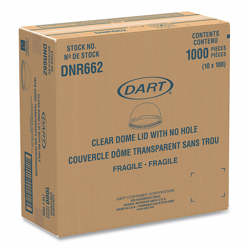Plastic Dome Lid, No-Hole, Fits 9 oz to 22 oz Hot Cups, Clear, 100/Sleeve, 10 Sleeves/Carton (DNR662)