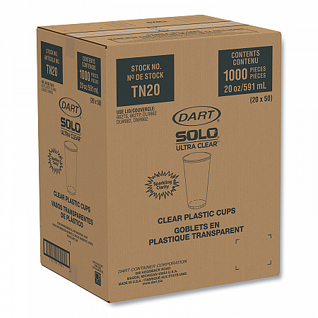 Ultra Clear PETE Cold Cups, 20 oz, Plastic, Clear, 50/Sleeve, 20 Sleeves/Carton (TN20)