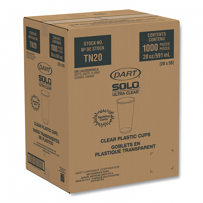 Ultra Clear PETE Cold Cups, 20 oz, Plastic, Clear, 50/Sleeve, 20 Sleeves/Carton (TN20)