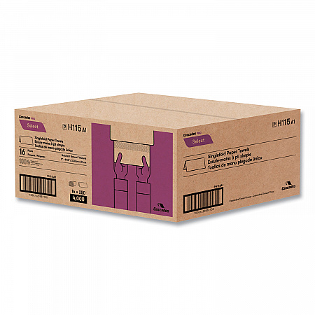 Select Folded Paper Towels, Single-Fold, 1-Ply, 9 x 9.45, Natural Brown, 250/Pack, 16 Packs/Carton (H115)