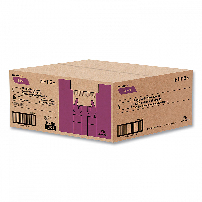 Select Folded Paper Towels, Single-Fold, 1-Ply, 9 x 9.45, Natural Brown, 250/Pack, 16 Packs/Carton (H115)