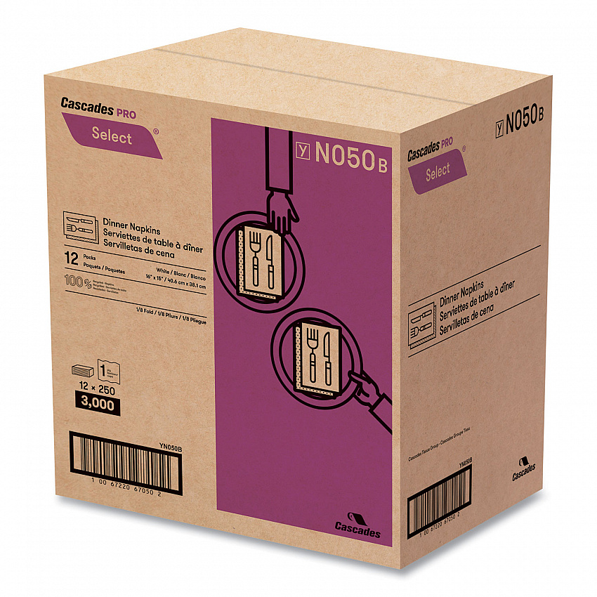 Select Dinner Napkins, 1-Ply, 16 x 15, White, 250/Pack, 12/Carton (N050)