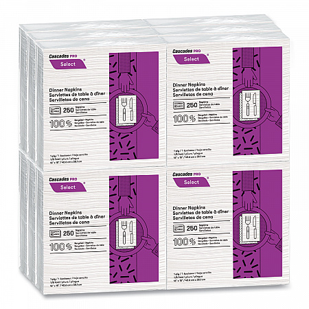 Select Dinner Napkins, 1-Ply, 16 x 15, White, 250/Pack, 12/Carton (N050)
