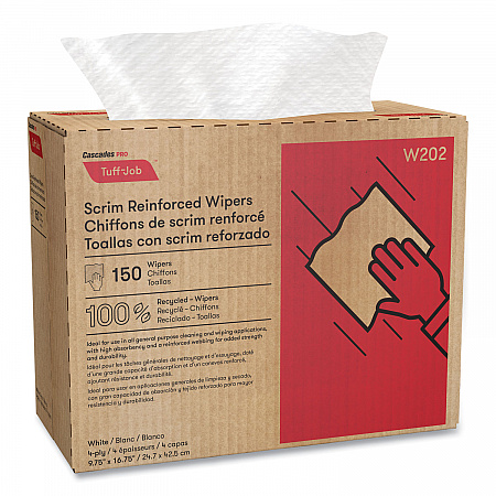 Tuff-Job Scrim Reinforced Wipers, 4-Ply, 9.75 x 16.75, White, 150/Box, 6 Box/Carton (W202)