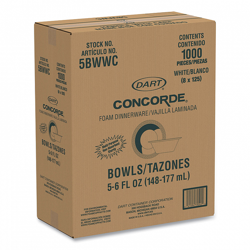 Concorde Non-Laminated Foam Dinnerware, Bowl, 5 oz, White, 125/Pack, 8 Packs/Carton (5BWWC)