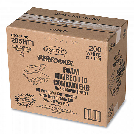 Foam Hinged Lid Containers, 6.4 x 9.3 x 2.9, White, 100/Pack, 2 Packs/Carton (205HT1)