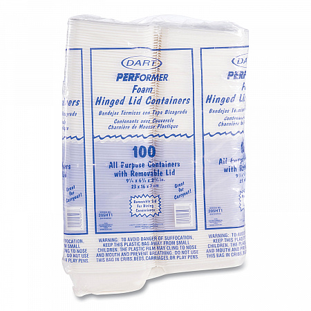 Foam Hinged Lid Containers, 6.4 x 9.3 x 2.9, White, 100/Pack, 2 Packs/Carton (205HT1)