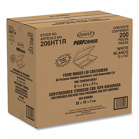 Foam Hinged Lid Containers, 6.4 x 9.3 x 2.6, White, 200/Carton (206HT1R)