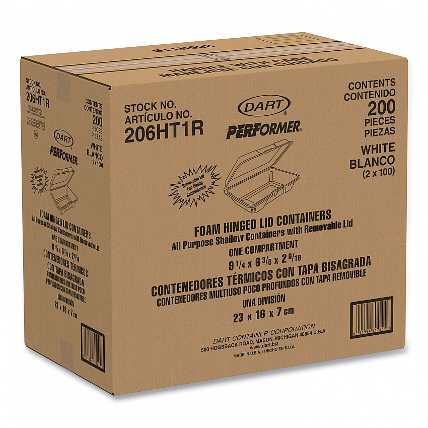 Foam Hinged Lid Containers, 6.4 x 9.3 x 2.6, White, 200/Carton (206HT1R)