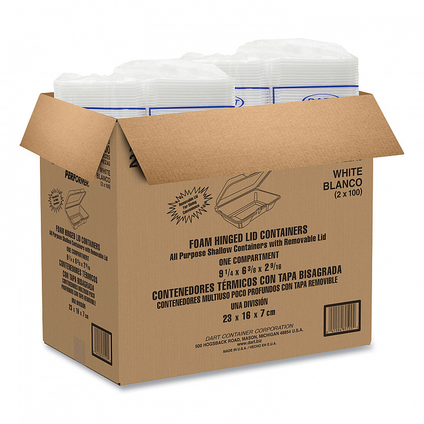 Foam Hinged Lid Containers, 6.4 x 9.3 x 2.6, White, 200/Carton (206HT1R)