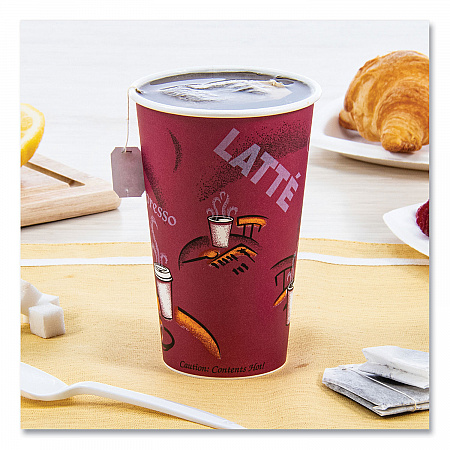 Paper Hot Drink Cups in Bistro Design, 16 oz, Maroon, 50/Pack (316SIPK)