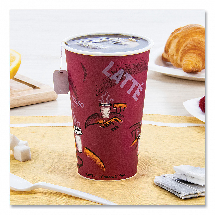 Paper Hot Drink Cups in Bistro Design, 16 oz, Maroon, 50/Pack (316SIPK)