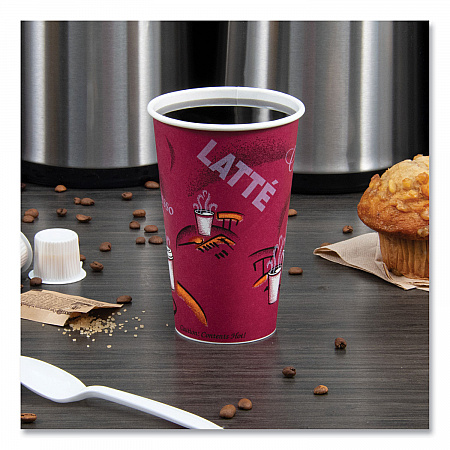 Paper Hot Drink Cups in Bistro Design, 16 oz, Maroon, 50/Pack (316SIPK)