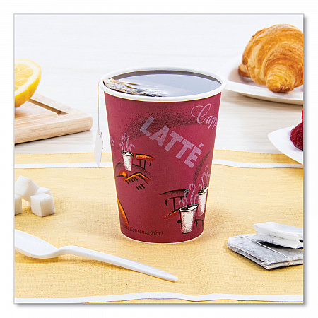 Paper Hot Drink Cups in Bistro Design, 12 oz, Maroon, 50/Pack (412SINPK)