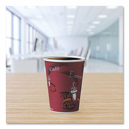 Paper Hot Drink Cups in Bistro Design, 12 oz, Maroon, 50/Pack (412SINPK)