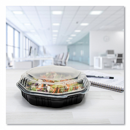 OctaView Hinged-Lid Hot Food Containers, 31 oz, 9.55 x 9.1 x 3, Black/Clear, Plastic, 100/Carton (809011PP94)