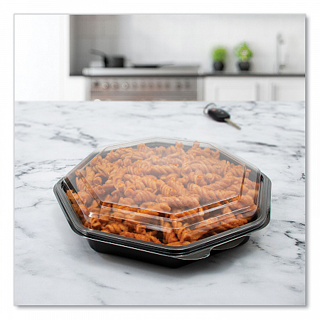 OctaView Hinged-Lid Cold Food Containers, 9.2 x 9.6 x 2, Black/Clear, Plastic, 100/Carton (864057AP94)