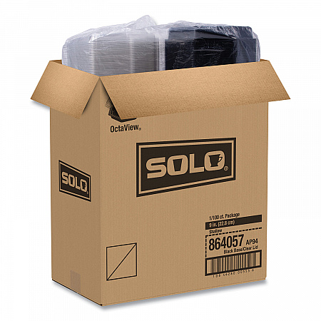 OctaView Hinged-Lid Cold Food Containers, 9.2 x 9.6 x 2, Black/Clear, Plastic, 100/Carton (864057AP94)
