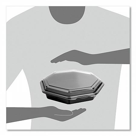 OctaView Hinged-Lid Cold Food Containers, 9.2 x 9.6 x 2, Black/Clear, Plastic, 100/Carton (864057AP94)