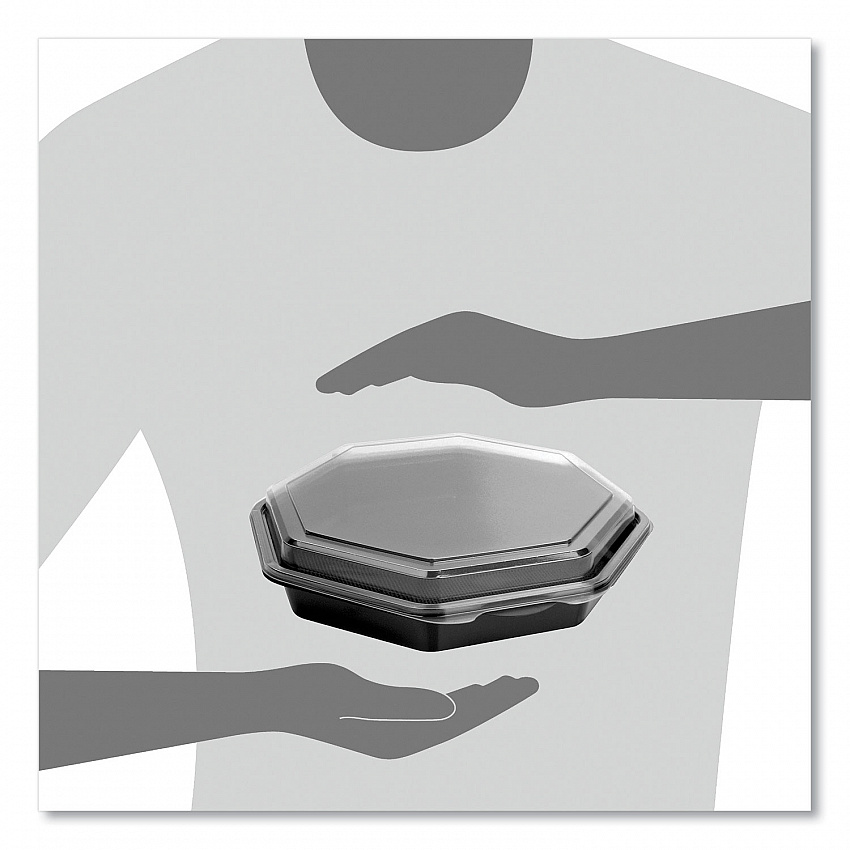 OctaView Hinged-Lid Cold Food Containers, 9.2 x 9.6 x 2, Black/Clear, Plastic, 100/Carton (864057AP94)