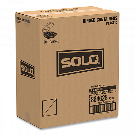OctaView Hinged-Lid Cold Food Containers, 3 Compartments, 36 oz, 9.57 x 9.2 x 2.4, Black/Clear, Plastic, 100/Carton (864628PS94)