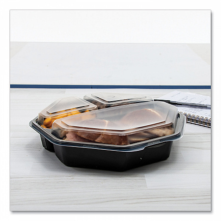 OctaView Hinged-Lid Cold Food Containers, 3 Compartments, 36 oz, 9.57 x 9.2 x 2.4, Black/Clear, Plastic, 100/Carton (864628PS94)