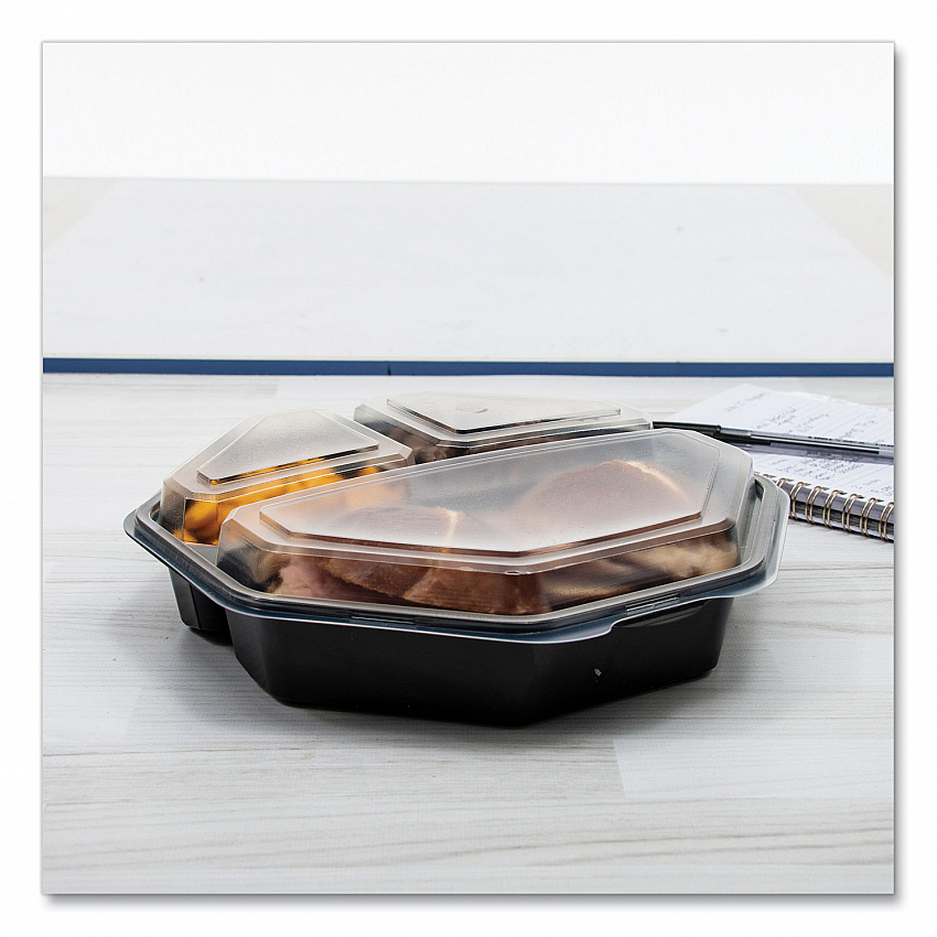 OctaView Hinged-Lid Cold Food Containers, 3 Compartments, 36 oz, 9.57 x 9.2 x 2.4, Black/Clear, Plastic, 100/Carton (864628PS94)